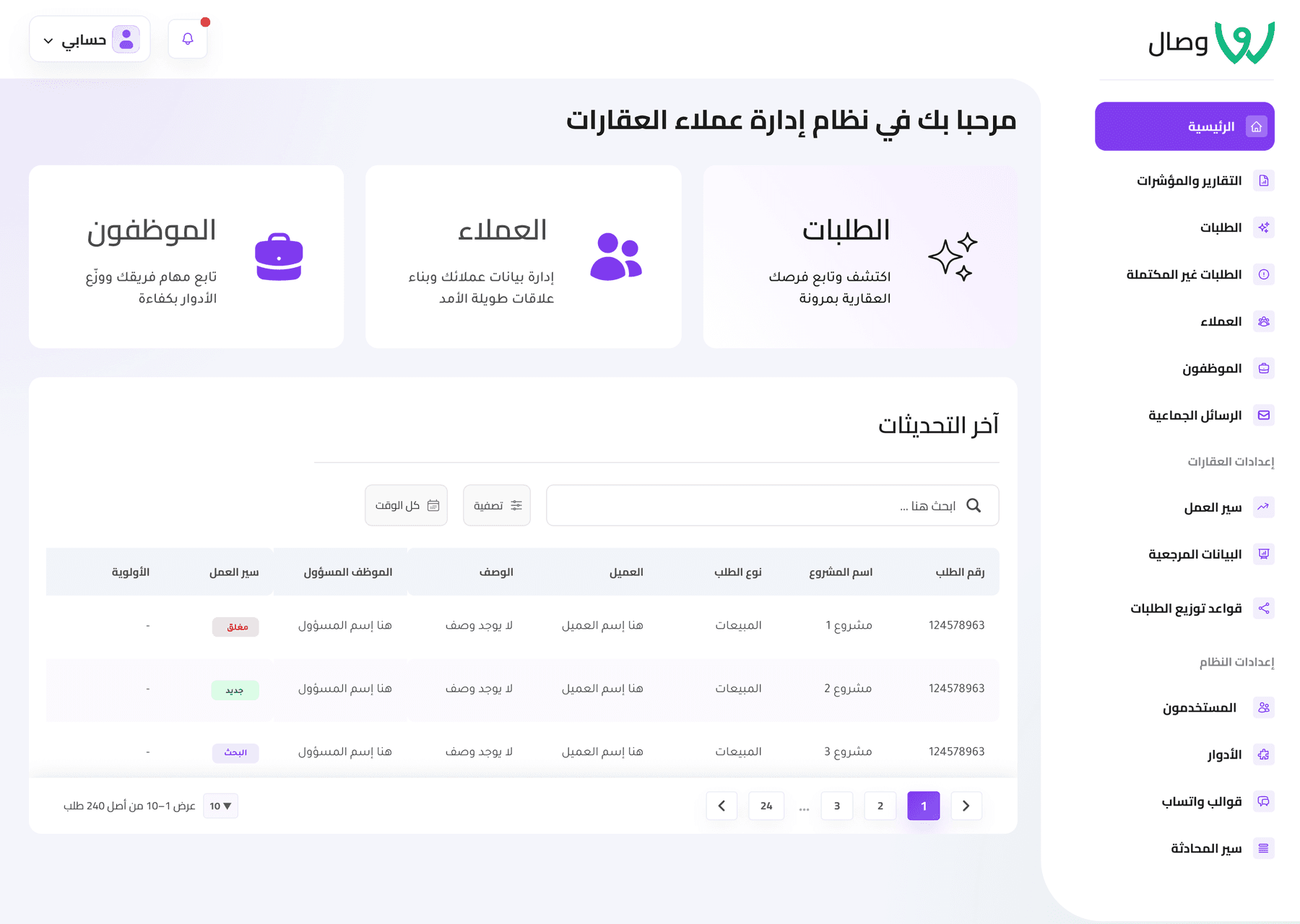 لوحة تحكم وصال — إدارة العملاء والطلبات